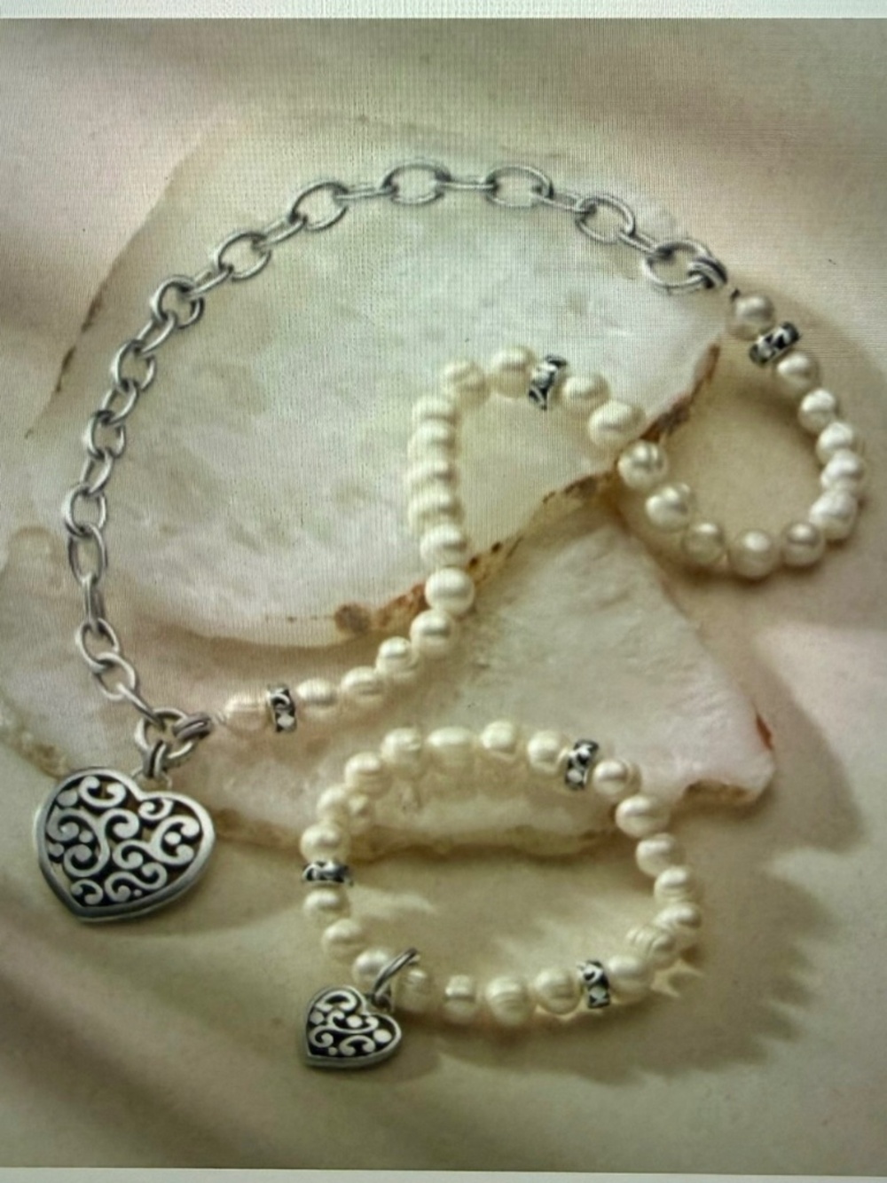 Brighton Contempo Heart Pearl Charm Necklace , Bracelet and Earrings  NWT